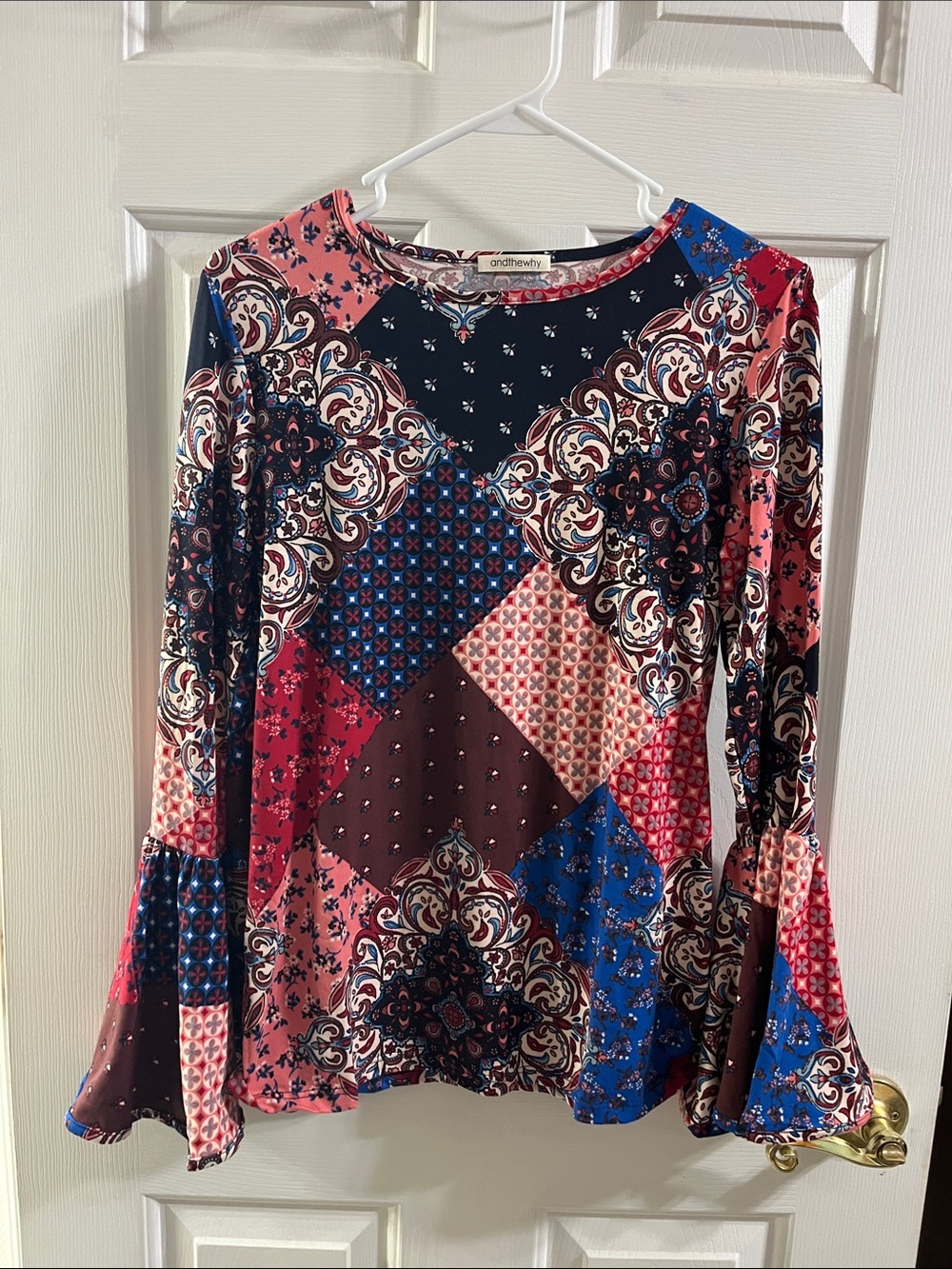 ANDTHEWHY Patchwork-Print Long Sleeve Top in Navy, Pink & Blue